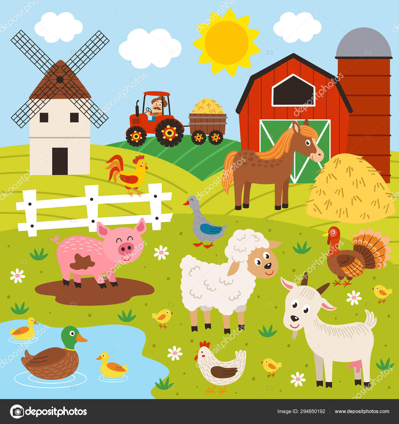 農家と幸せな動物農場 ベクトルイラスト Eps ストックベクター ©nkiseleva1.gmail.com 294850192, image size:1600x1700