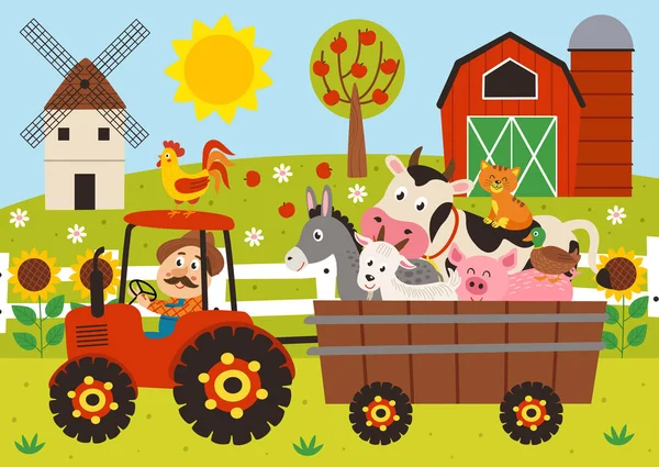 Landwirt Und Nutztiere Auf Einem Traktor Mit Anhänger Vektorillustration Eps — Stockvektor