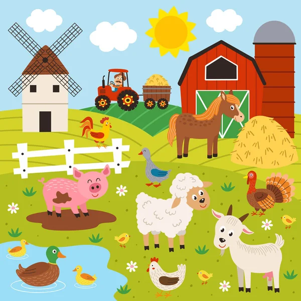 Αγρότης Και Ευτυχισμένο Αγρόκτημα Ζώων Απεικόνιση Διάνυσμα Eps — Διανυσματικό Αρχείο