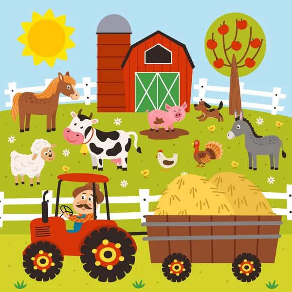 Granjero Monta Tractor Animales Granja Pie Corral Ilustración Vectorial Eps — Vector de stock