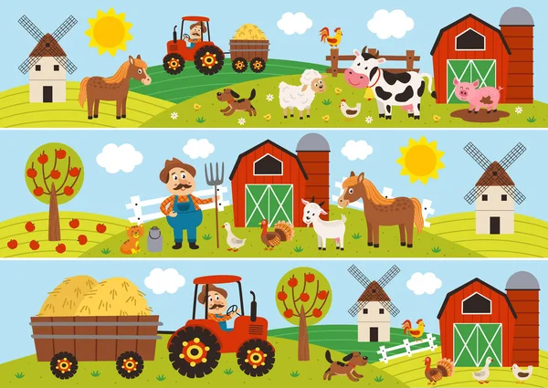 Reihe Isolierter Horizontaler Banner Mit Landwirt Und Haustieren Vektorillustration Eps — Stockvektor