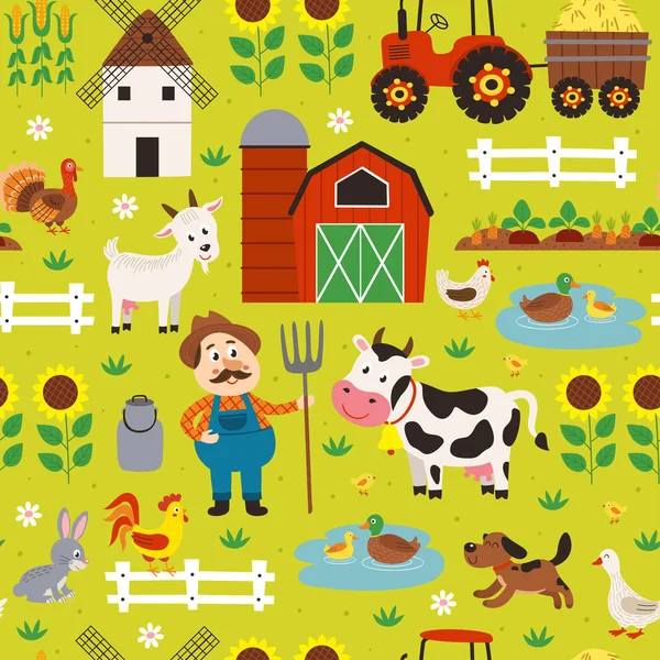 Seamless Pattern Farmer Farm Animals Vector Illustration Eps — Stock Vector