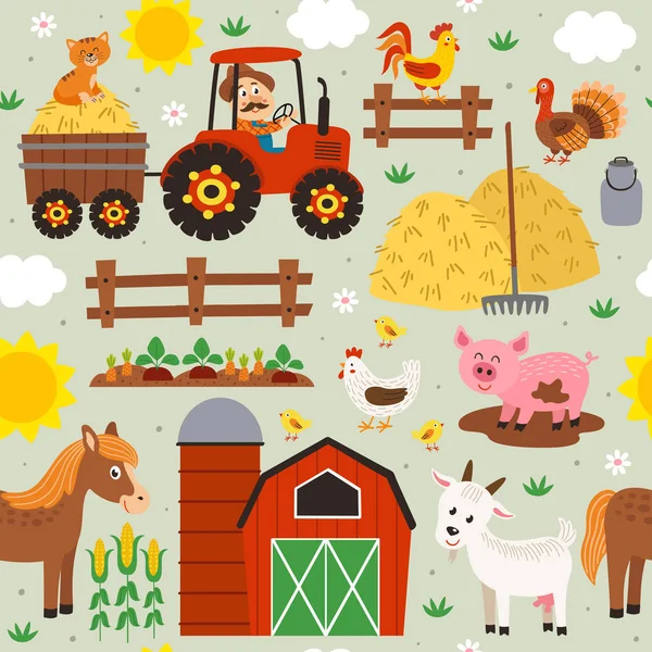 Patrón Sin Fisuras Con Agricultor Montando Tractor Animales Granja Ilustración — Archivo Imágenes Vectoriales