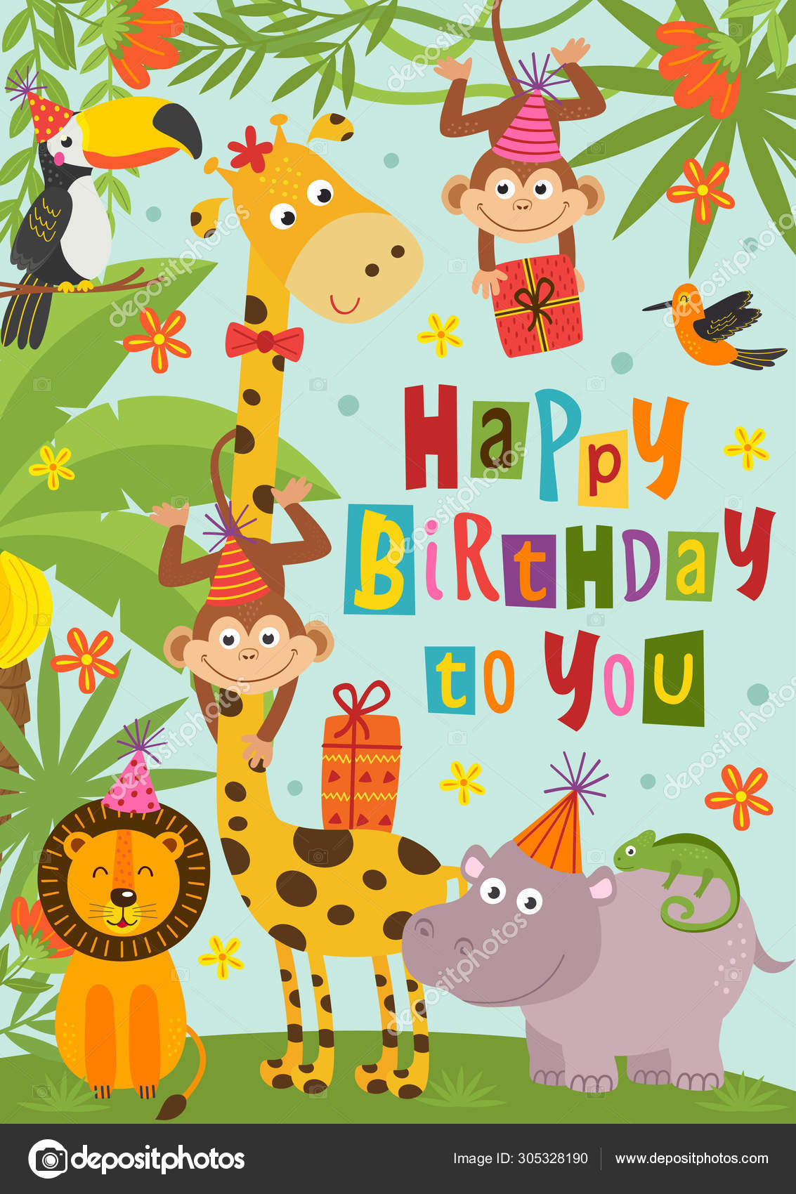Bursdagskort Med Morsomme Jungeldyr Vektorillustrasjon Eps stockvektor ©  nkiseleva1.gmail.com #305328190, image size:1133x1700