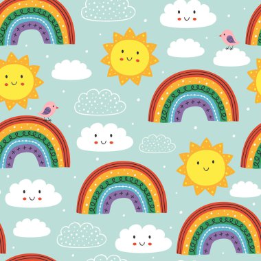 sevimli gökkuşağı, bulut, kuş ve güneş ile mavi dikişsiz desen - vektör illüstrasyon, eps    