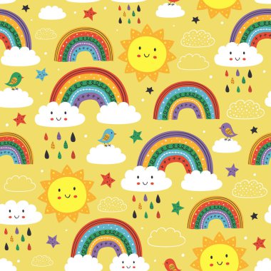 yellow seamless pattern with cute rainbow, cloud, bird and sun - vector illustration, eps     clipart