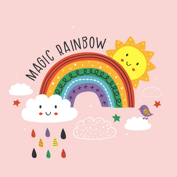 Roze Poster Met Magic Rainbow Wolk Vogel Zon Vector Illustratie — Stockvector