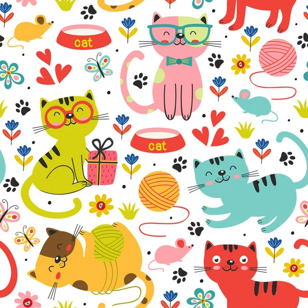 Motif Sans Couture Avec Des Chats Colorés Fleurs Illustration Vectorielle — Image vectorielle