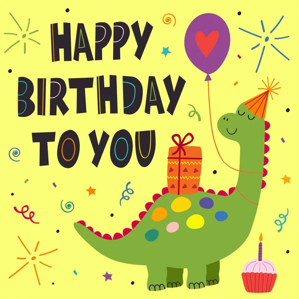 Cartão Aniversário Com Dinossauro Bonito Ilustração Vetorial Eps — Vetor de Stock