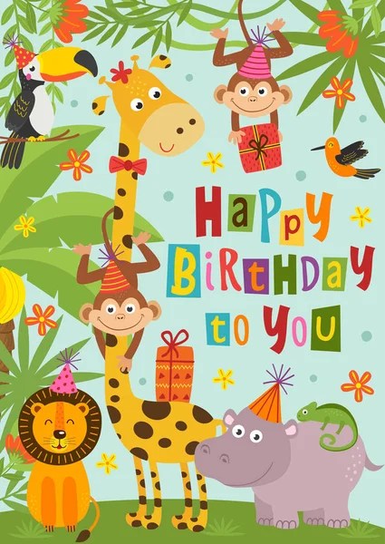 Cartão Aniversário Com Animais Selvagens Engraçados Ilustração Vetorial Eps — Vetor de Stock