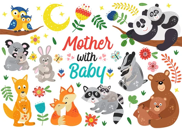一套孤立的动物母亲与婴儿部分2 矢量插图 Eps — 图库矢量图片