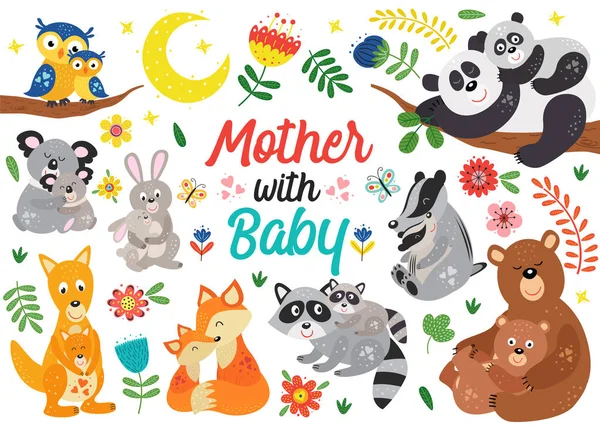 Conjunto Animales Aislados Madre Con Bebé Parte Ilustración Vectorial Eps — Vector de stock