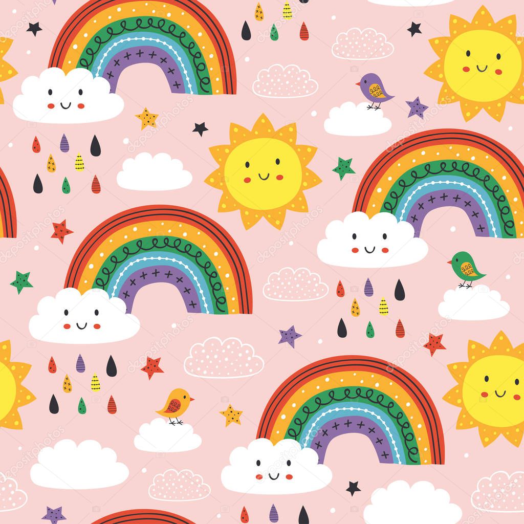 pink seamless pattern with cute rainbow cloud bird and sun  - vector illustration, eps    