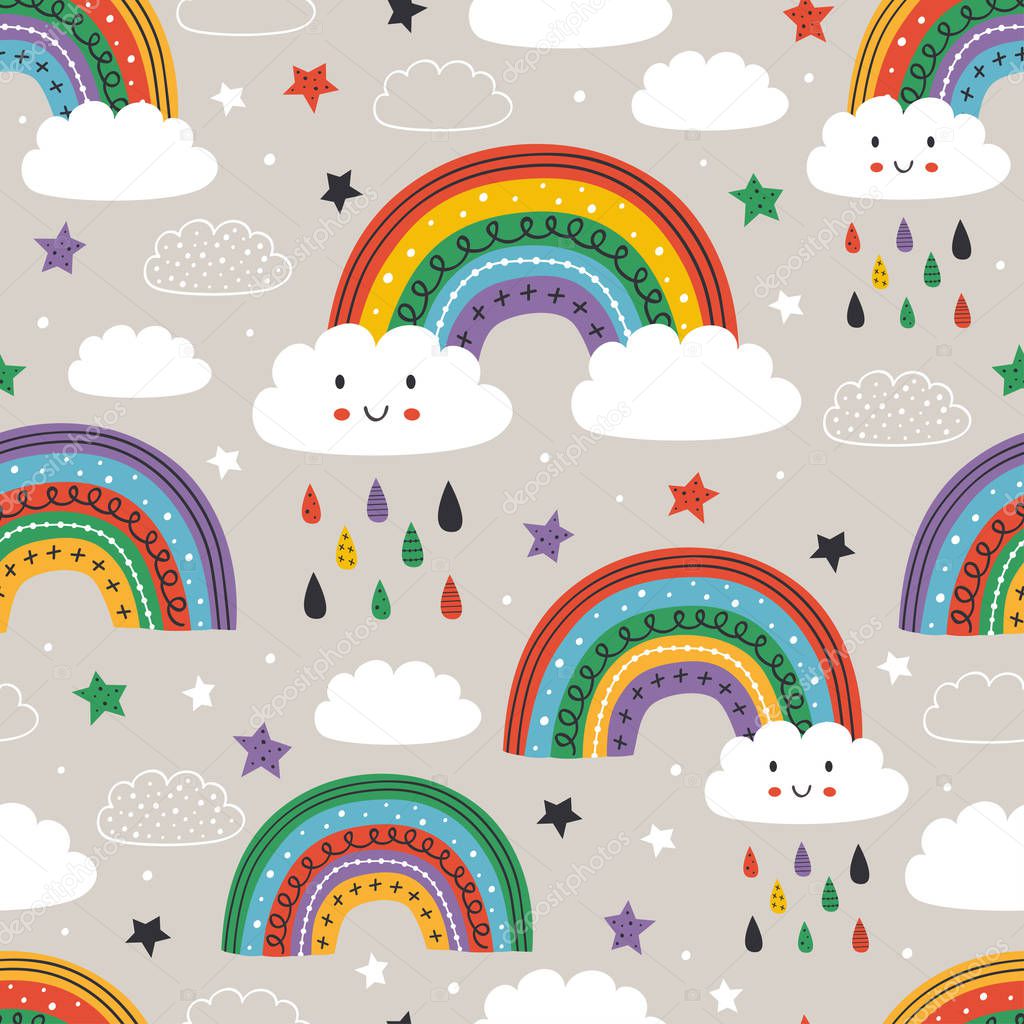 gray seamless pattern with cute rainbow, cloud, bird and sun - vector illustration, eps    