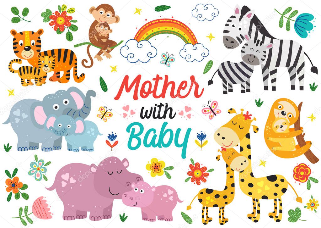 set of isolated animals mother with baby part 1 - vector illustration, eps    