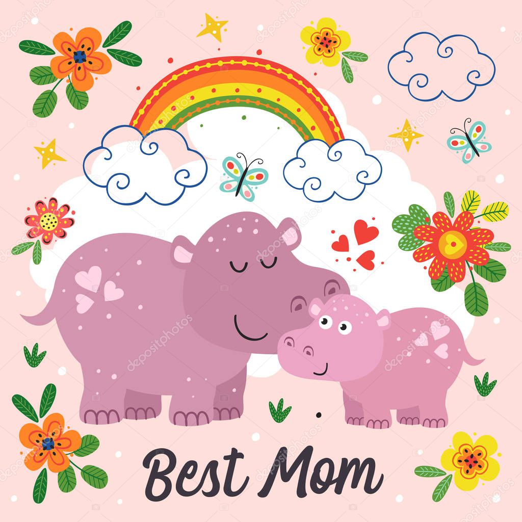 poster with cute hippo mother and  baby - vector illustration, eps    