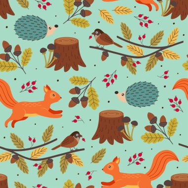 orman hayvanları ile dikişsiz sonbahar deseni - vektör illüstrasyon, eps    