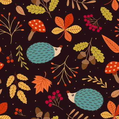 kirpi ve sonbahar elemanları ile dikişsiz desen - vektör illüstrasyon, eps    