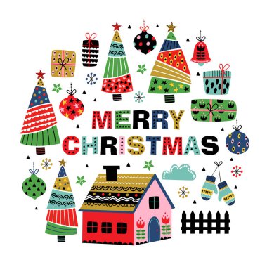 Noel süslemeleri ve Noel ağaçlarıyla dolu tebrik kartı - vektör illüstrasyonu, ep