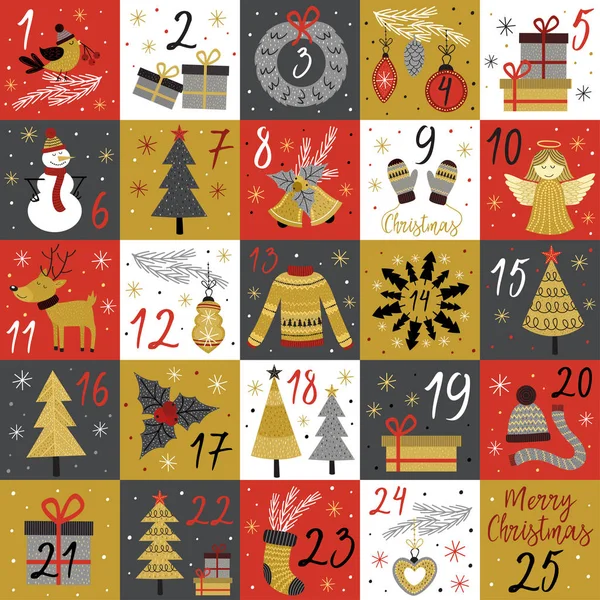 Calendario Adviento Con Caracteres Elementos Oro Navidad Ilustración Vectorial Eps — Vector de stock