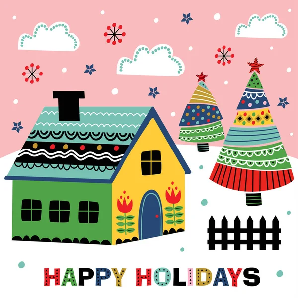 Greeting Card Decorative House Christmas Trees Vector Illustration Eps — Stock Vector