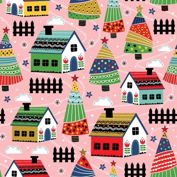 Patrón Sin Costuras Con Casa Decorativa Árboles Navidad Ilustración Vectorial — Archivo Imágenes Vectoriales