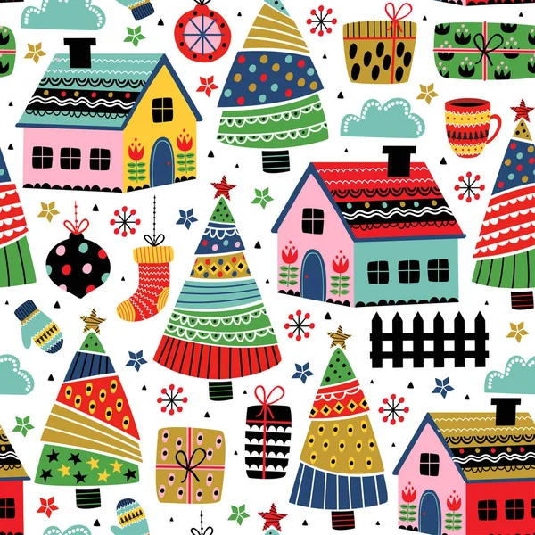 装飾的な家とクリスマスの装飾とシームレスなパターン ベクトル図 Eps — ストックベクタ