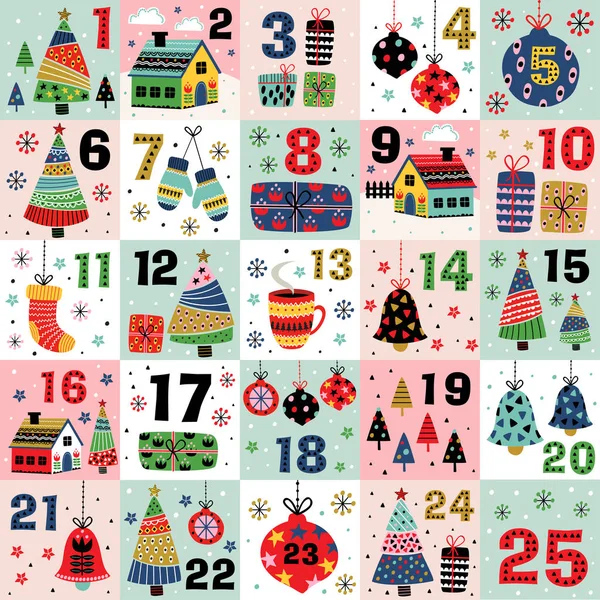Calendario Adviento Con Decoraciones Navideñas Árboles Navidad Casas Ilustración Vectorial — Archivo Imágenes Vectoriales