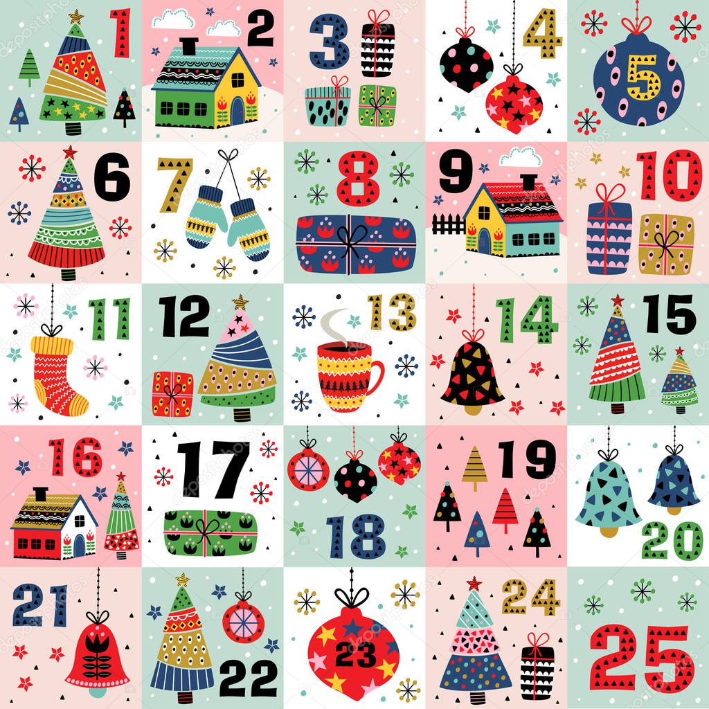advent calendar with christmas decorations christmas trees and houses  - vector illustration, eps    
