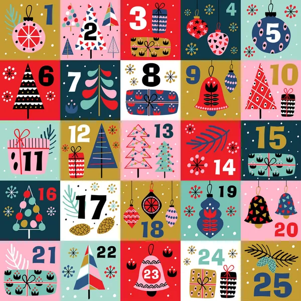 Calendario Adviento Con Decoraciones Navidad Árboles Navidad Vector Ilustración Eps — Vector de stock