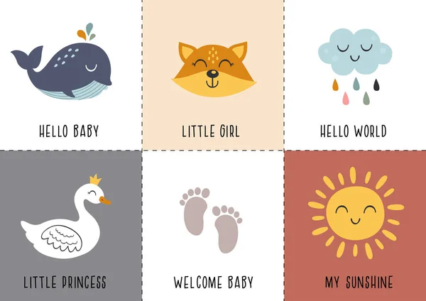 Set Van Boheemse Baby Pictogrammen Met Walvis Vos Wolk Zwaan — Stockvector