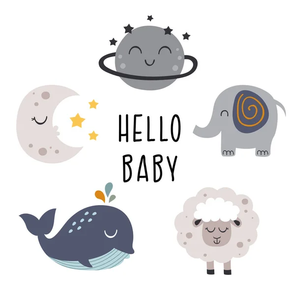 Set Bohemian Baby Icons Mit Niedlichen Tieren Planet Mondvektorillustration Folge — Stockvektor