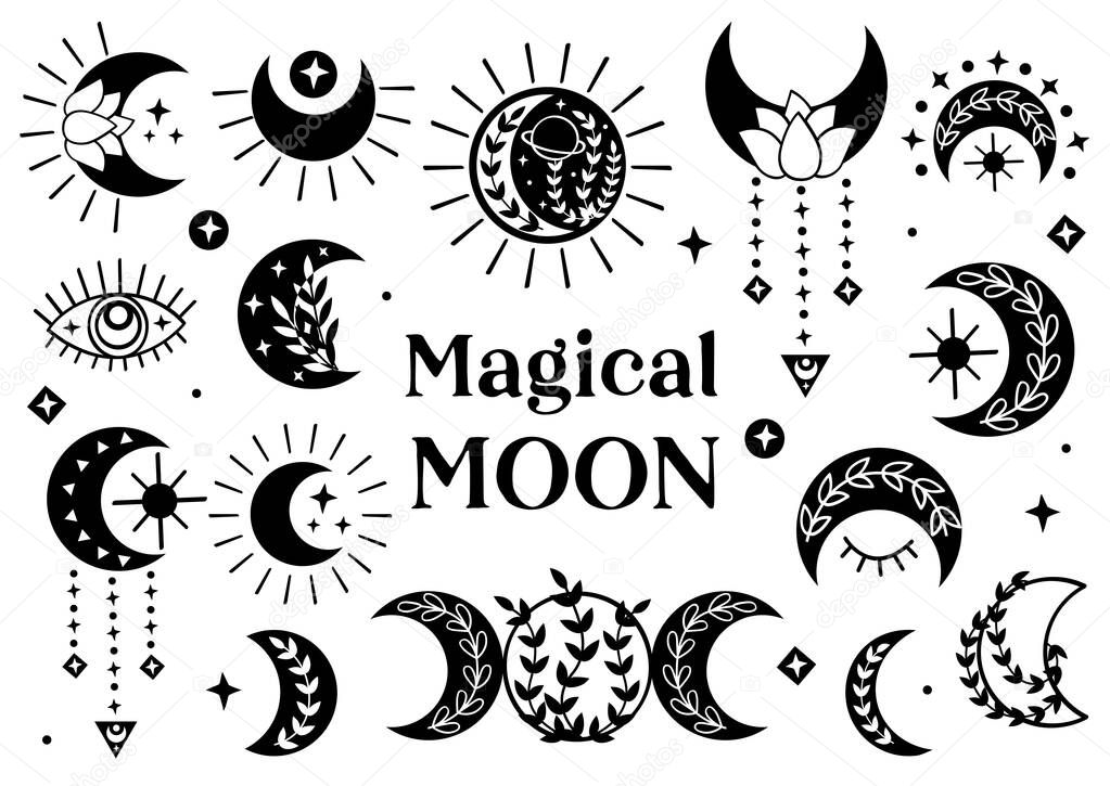 set of isolated black magical moon icons-  vector illustration, eps