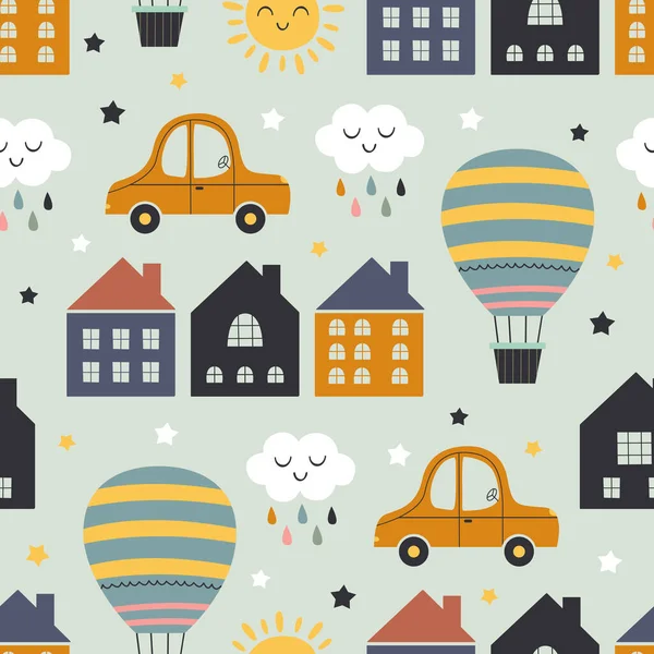 Naadloos Patroon Met Huizen Heteluchtballon Car Vector Illustratie Eps — Stockvector