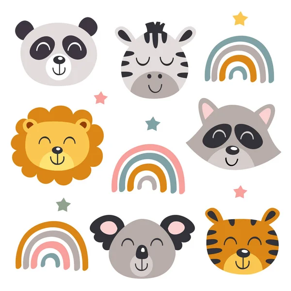 Conjunto Caras Animales Bebés Aislados Arco Iris Vector Ilustración Eps — Vector de stock