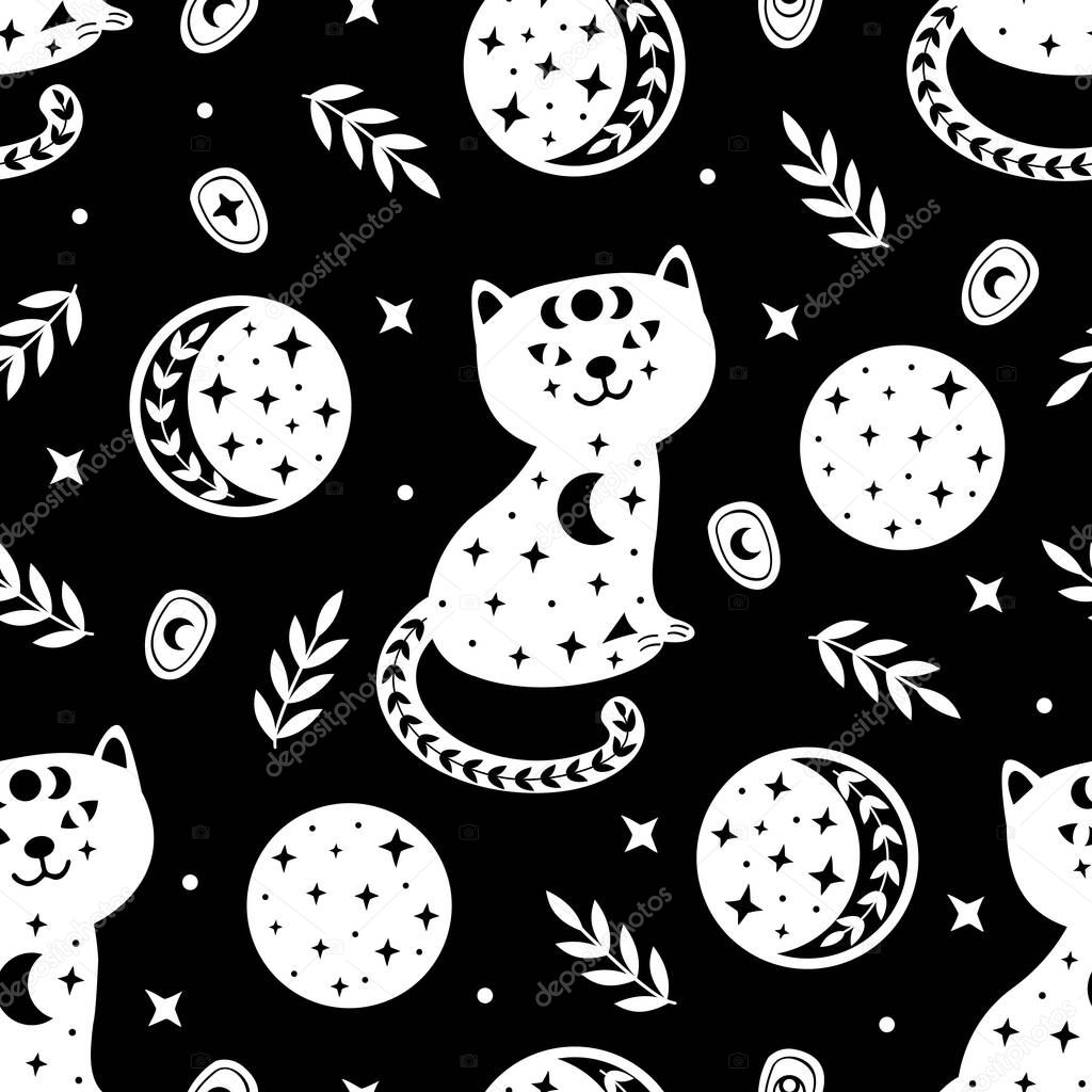 black seamless pattern with magic cat and moon
