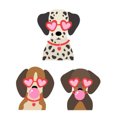 Kalp gözlüğü takmış, sakız üfleyen bir grup izole komik köpek.