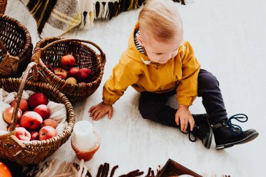 İki yaşındaki havalı hippi çocuk, sonbahar dekorunun süslü fotoğraf sahasında güzel, parlak sonbahar yapraklarıyla poz veriyor. Sıcak atmosfer