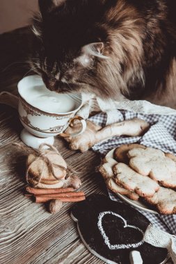 Ev yapımı zencefilli kurabiyeler, tarçın, ahşap masadaki zencefil. Uzayı kopyala Klasik tonlu görüntü, düz yatış