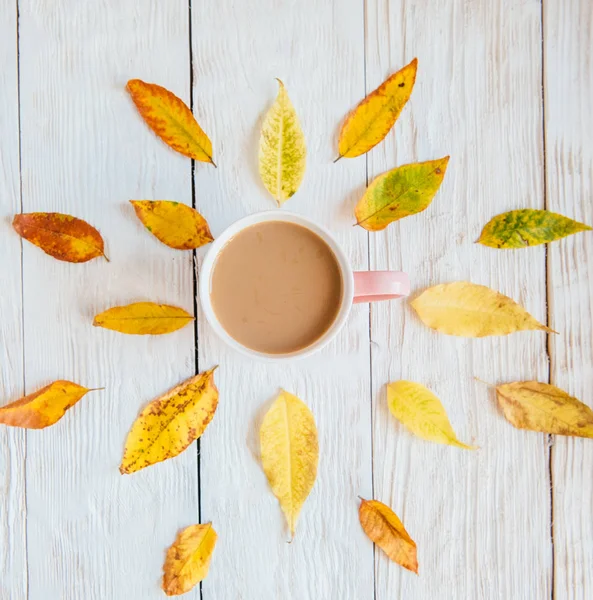 Kahve fincanı ve sarı sonbahar yaprakları. Durgun hayat, üst bakış açısı, düz yatak..