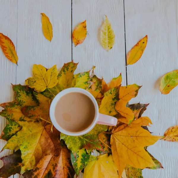 Kahve fincanı ve sarı sonbahar yaprakları. Durgun hayat, üst bakış açısı, düz yatak..