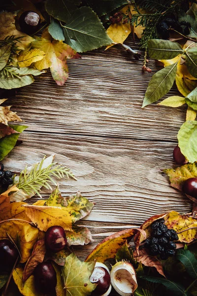 Podzimní Dřevěné Pozadí Zelenými Žlutými Listy Flatlay — Stock fotografie