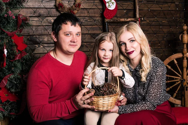 Kırmızılı Güzel Bir Aile Noel Tatili Için Birlikte Eğleniyor Oturma — Stok fotoğraf