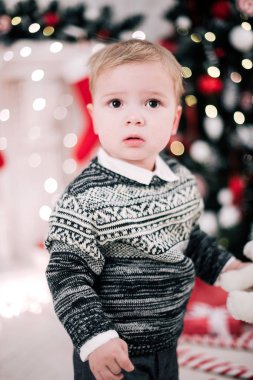 Genç bir çocuğun Noel portresi şöminenin ve Noel ağacının etrafında rahat bir atmosfer.