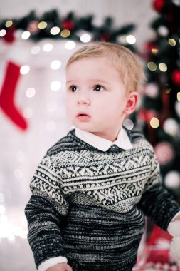 Genç bir çocuğun Noel portresi şöminenin ve Noel ağacının etrafında rahat bir atmosfer.