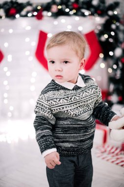 Genç bir çocuğun Noel portresi şöminenin ve Noel ağacının etrafında rahat bir atmosfer.