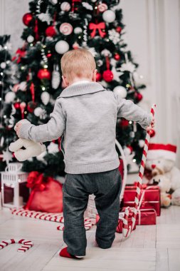 Genç bir çocuğun Noel portresi şöminenin ve Noel ağacının etrafında rahat bir atmosfer.