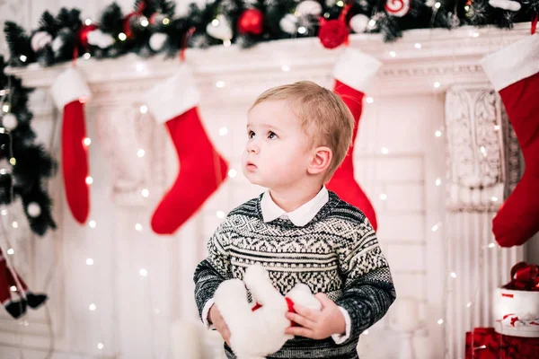 Christmas Portrait Young Boy Cozy Atmosphere Fireplace Christmas Tree — Stock Photo, Image