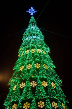 Parlak çelenk ile büyük Noel ağacı görünümünü sokakta Gomel, Beyaz Rusya