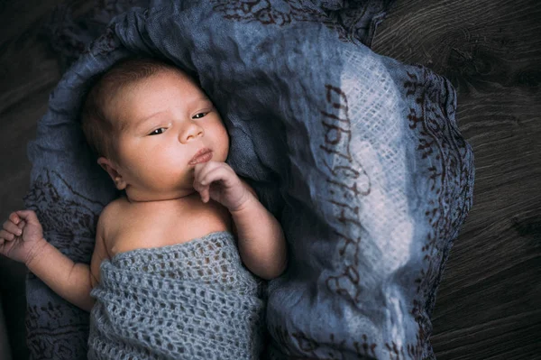 Close Portrait Baby Boy Lying Blue Cloth — Stock Photo, Image